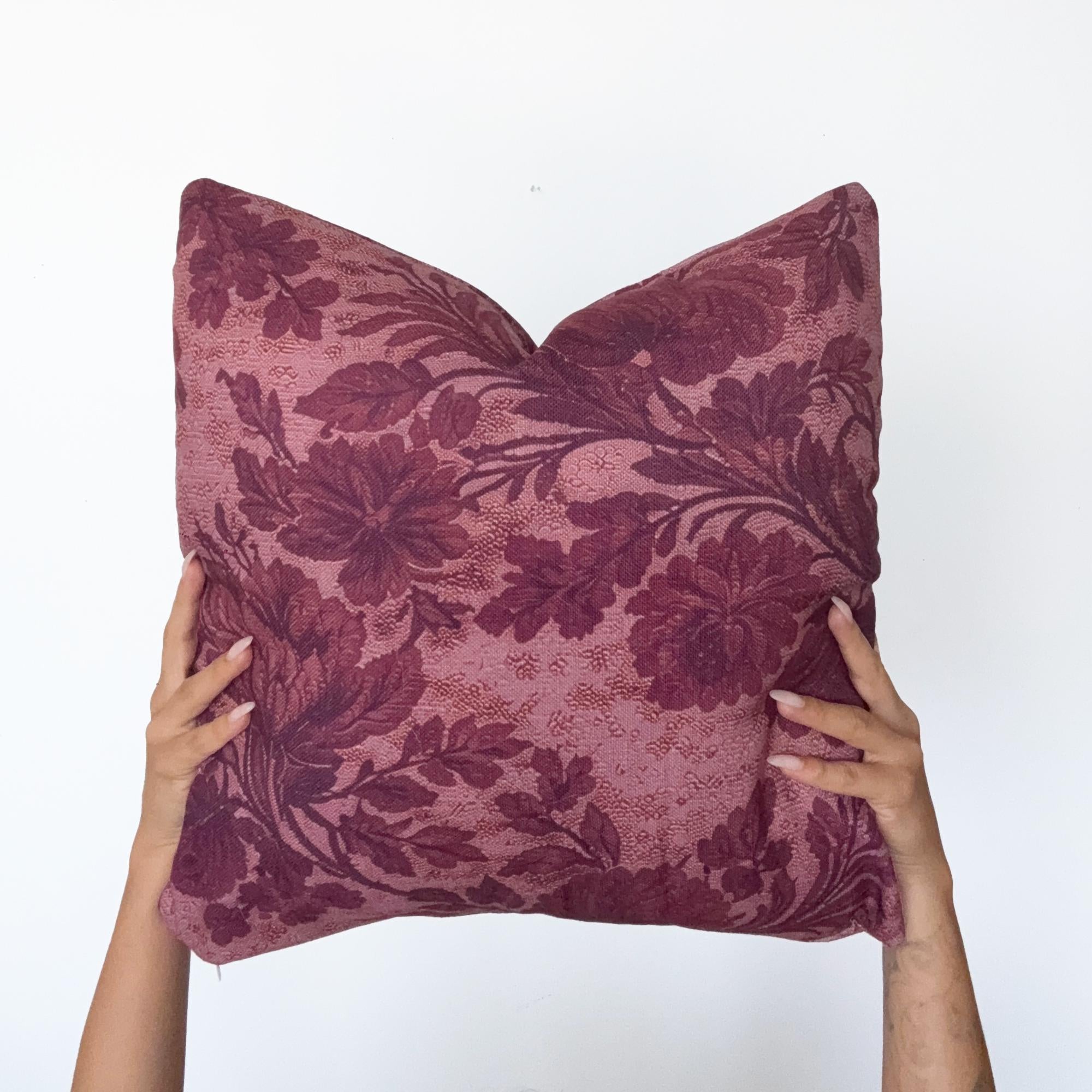 Burgundy Floral Damask Faux Linen Throw Pillow with Insert