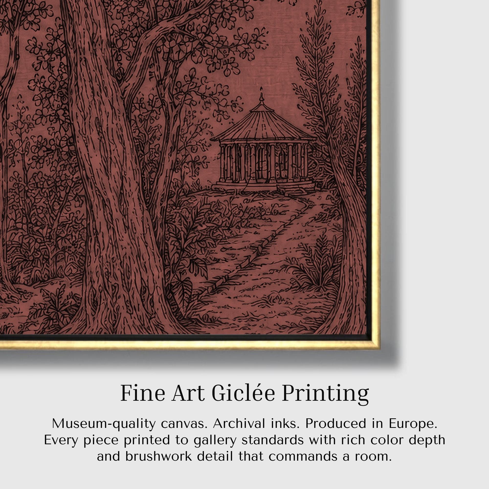 The image is a fine art giclée painting that depicts a garden scene with a gazebo and trees. The painting is produced in Europe and is of high quality, as evidenced by the museum-quality canvas, archival inks, and the attention to detail in the brushwork.