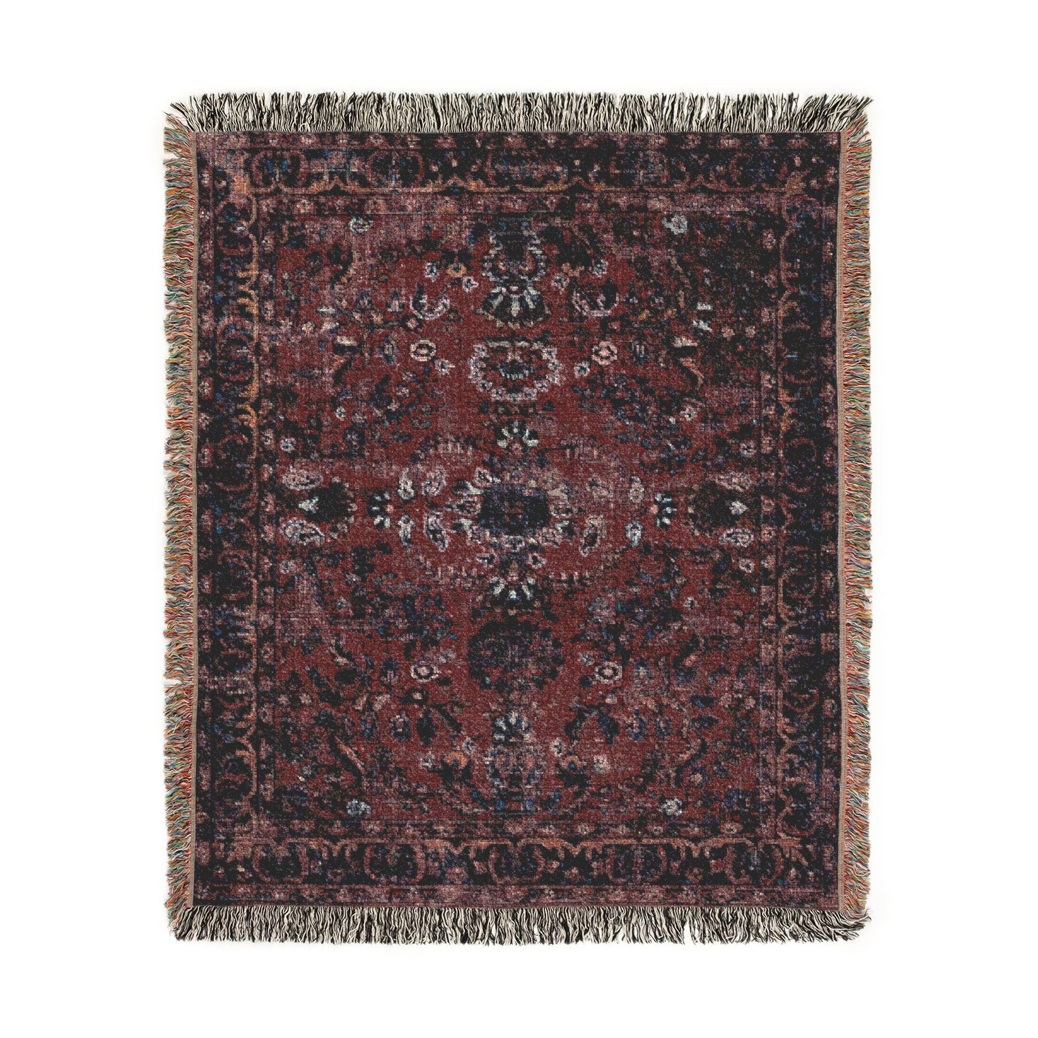 Woven Medallion Blanket, Burgundy Navy Cotton Throw, Fringed Home