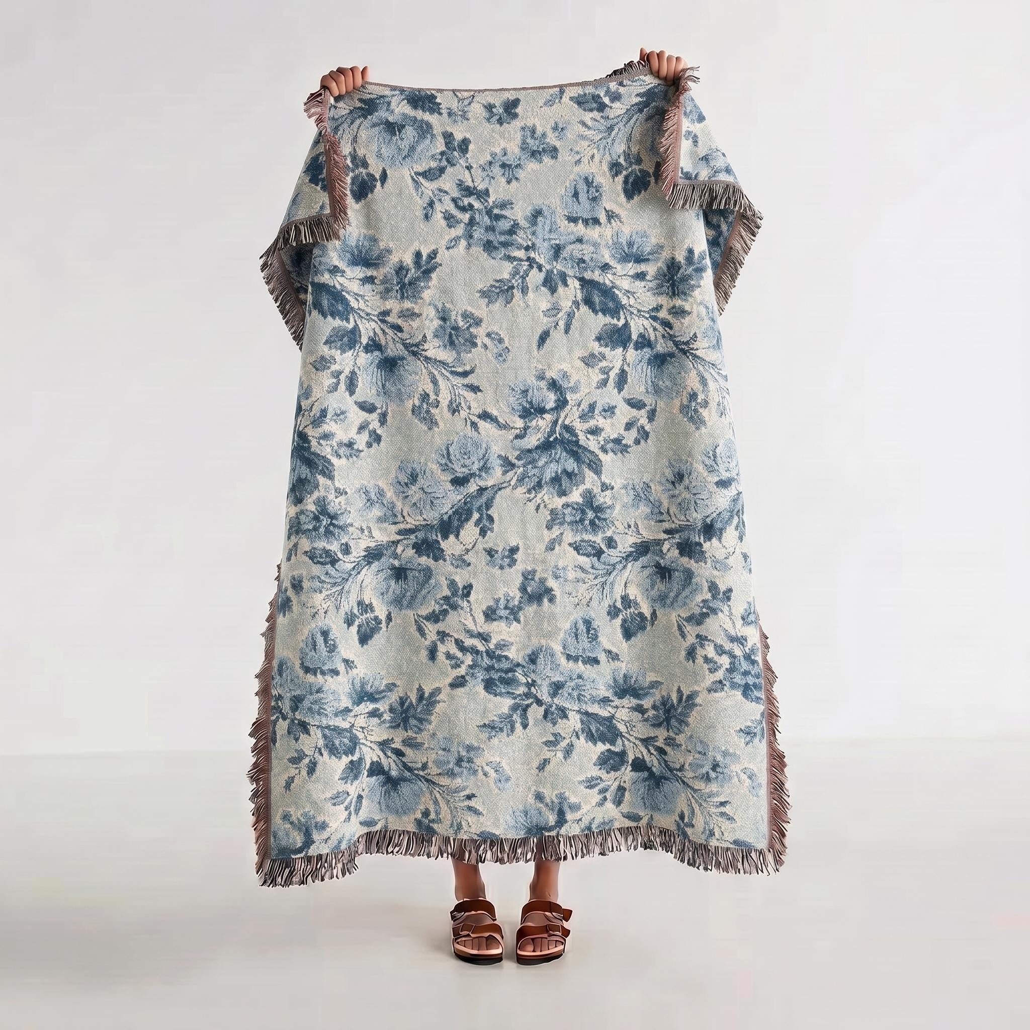 Blue & Cream Chinoiserie Woven Throw Blanket