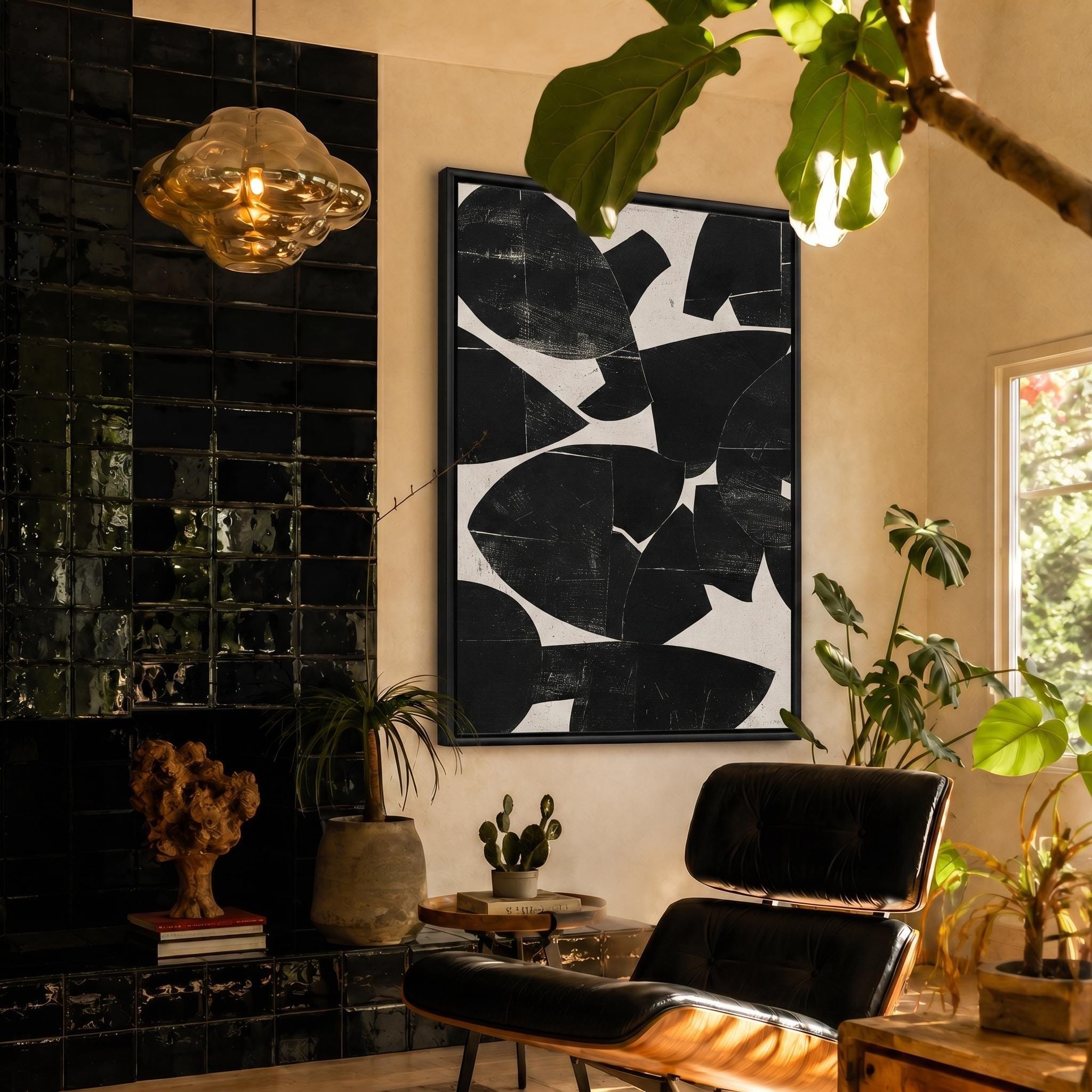 Close-up texture of black organic shape canvas painting