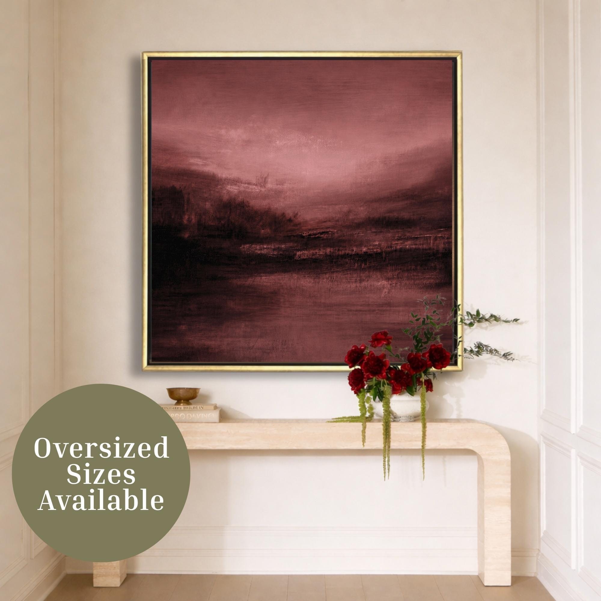 Burgundy Canvas Wall Art – Oversized Abstract Landscape Art | Moody Plum Painting