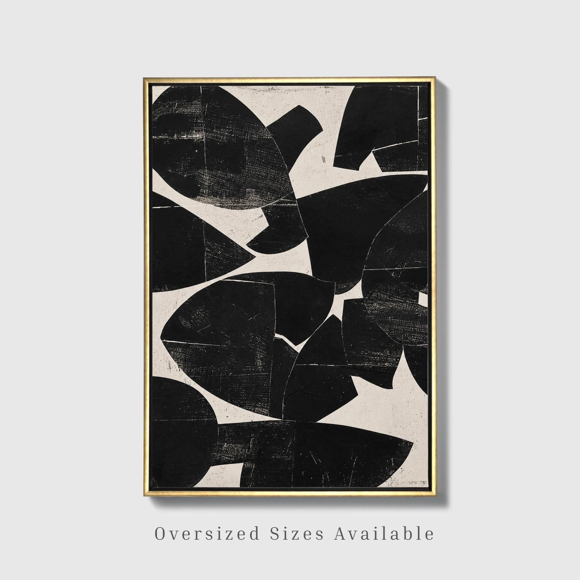 Negative space abstract canvas with black organic shapes on linen background