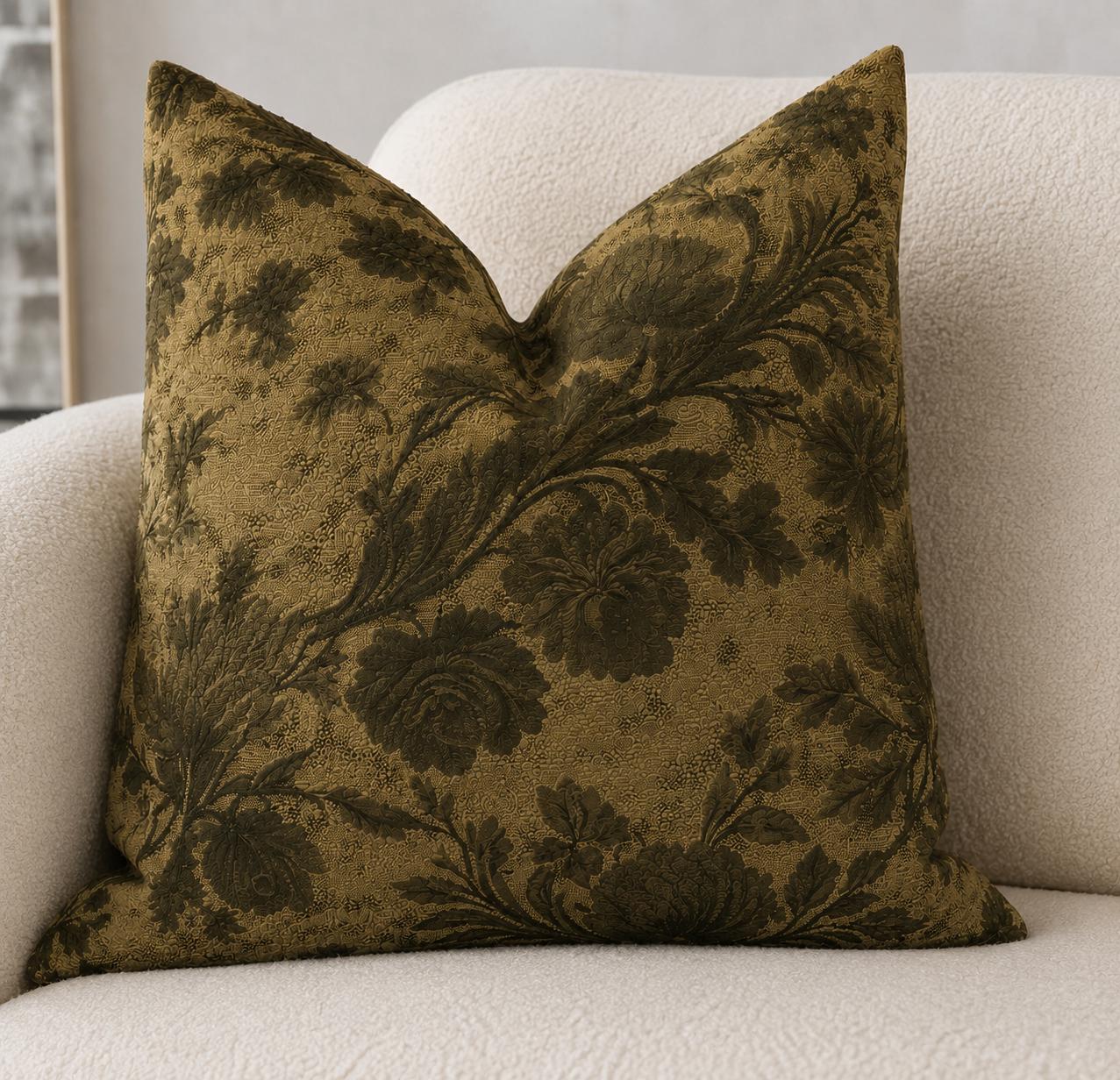 Green Botanical Floral Faux Linen Throw Pillow with Insert