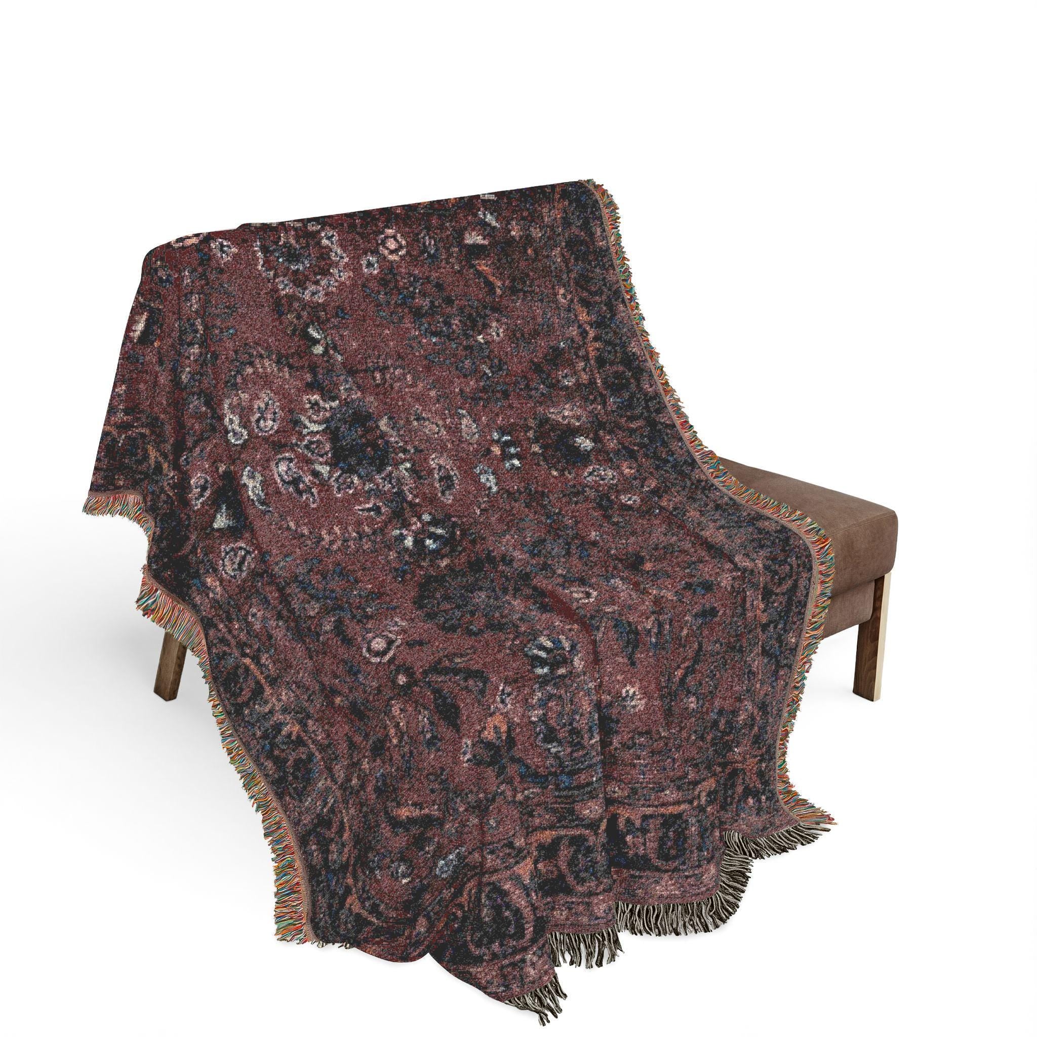 Woven Medallion Blanket, Burgundy Navy Cotton Throw, Fringed Home