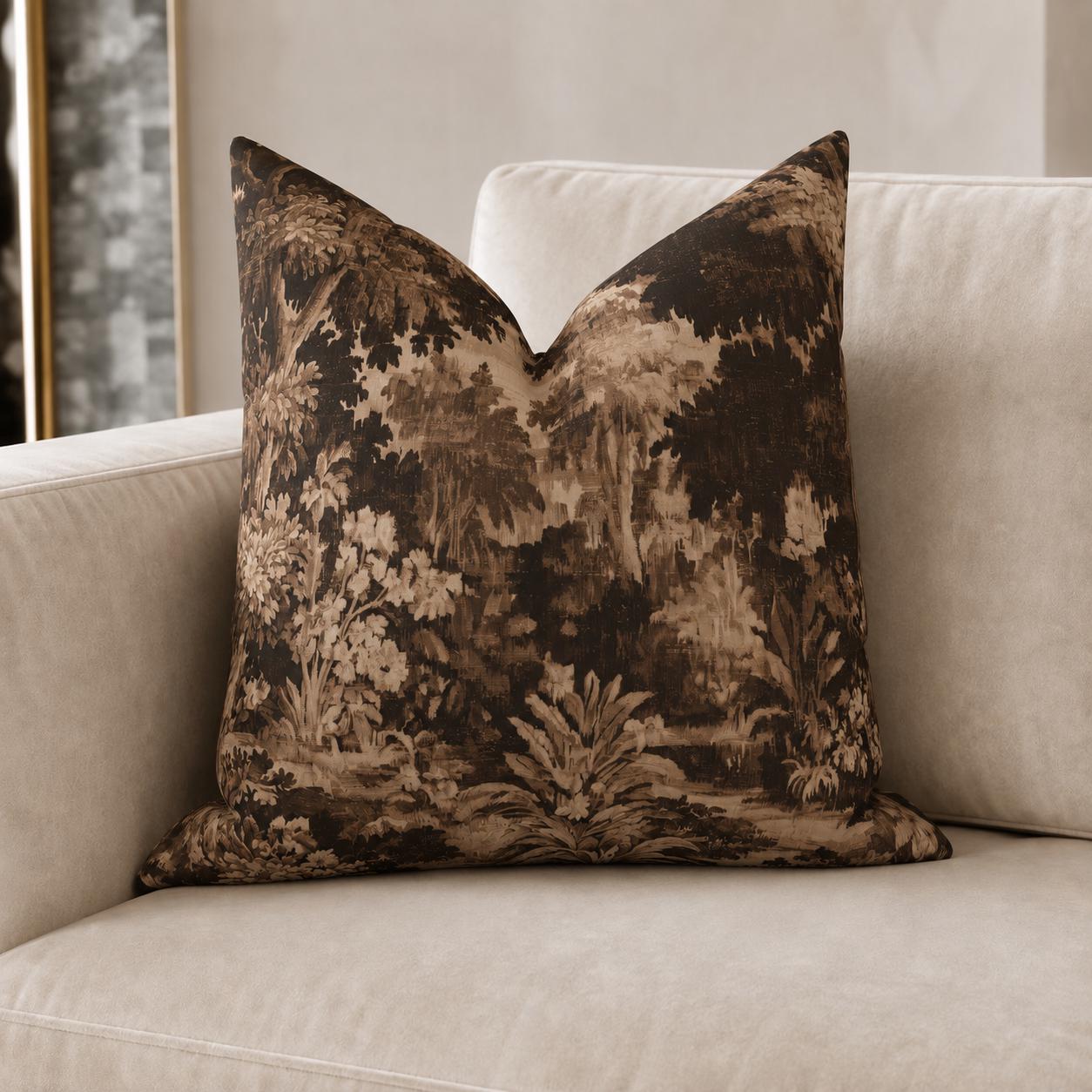 Sepia Forest Toile Faux Linen Throw Pillow with Insert