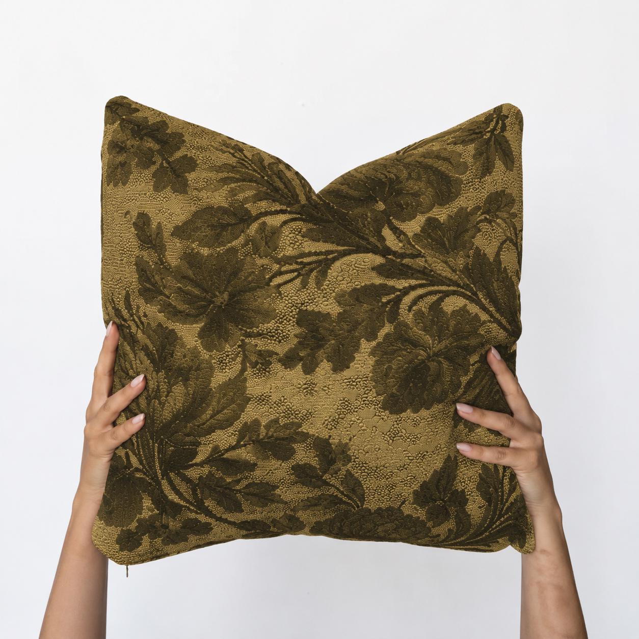 Green Botanical Floral Faux Linen Throw Pillow with Insert
