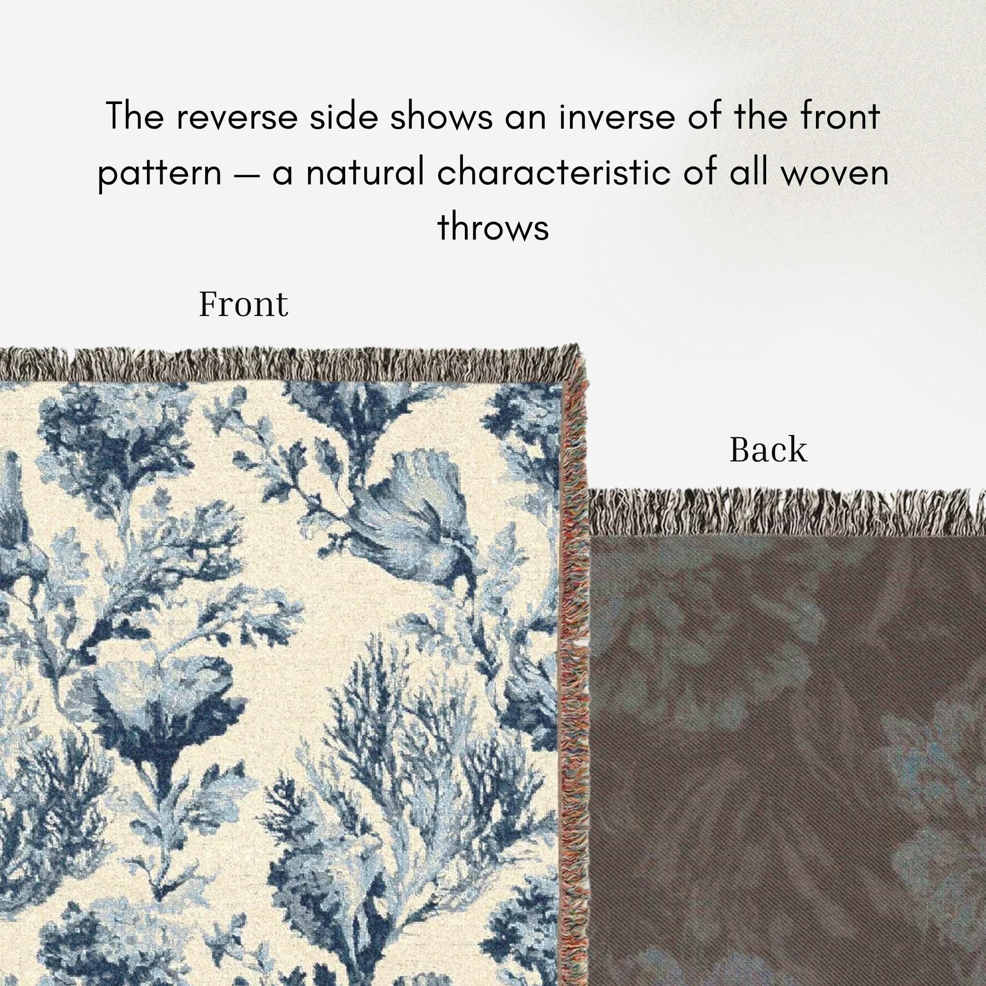 Blue White Woven Blanket – Coastal Blanket With Botanical Floral Throw & Textured Fringed Edges