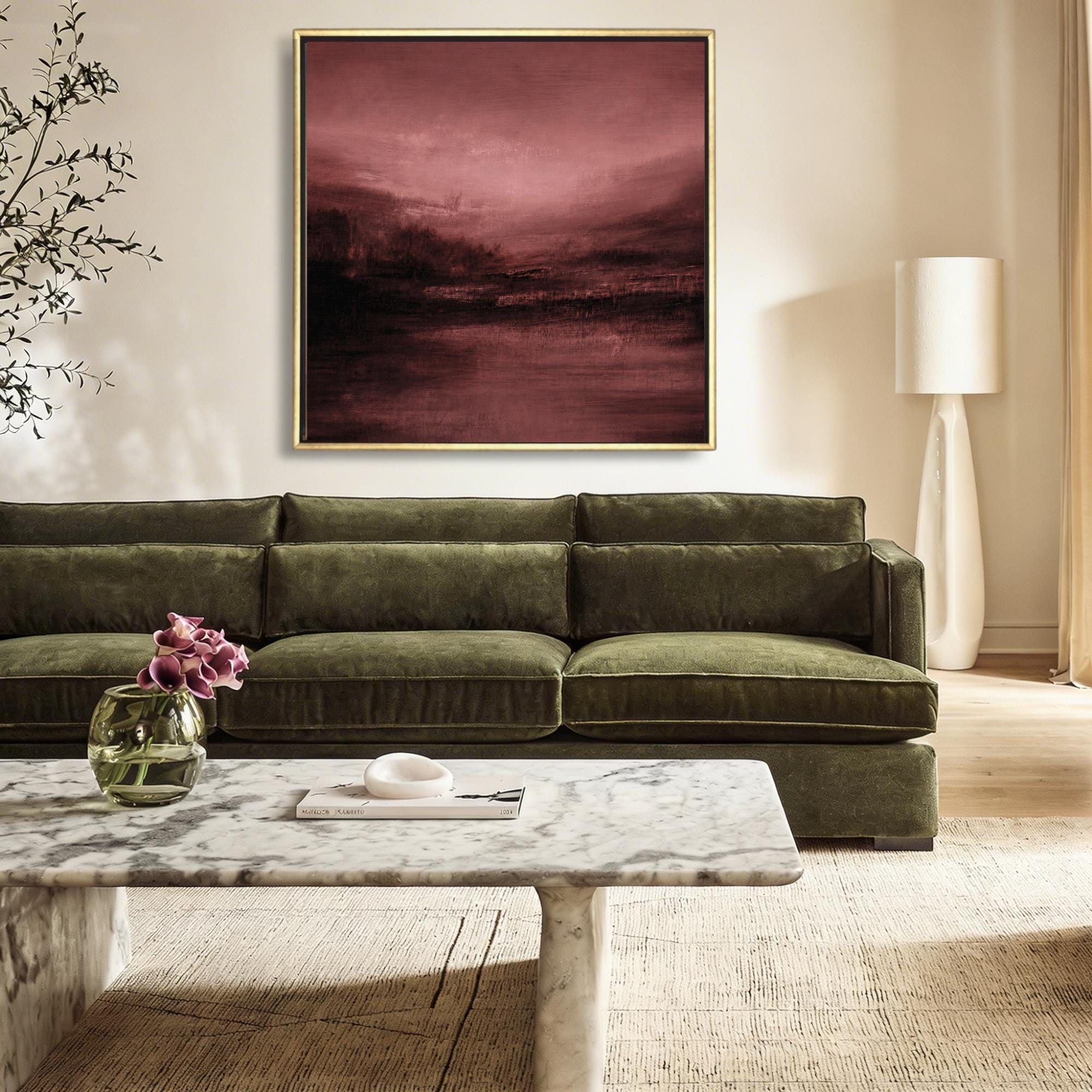 Burgundy Canvas Wall Art – Oversized Abstract Landscape Art | Moody Plum Painting