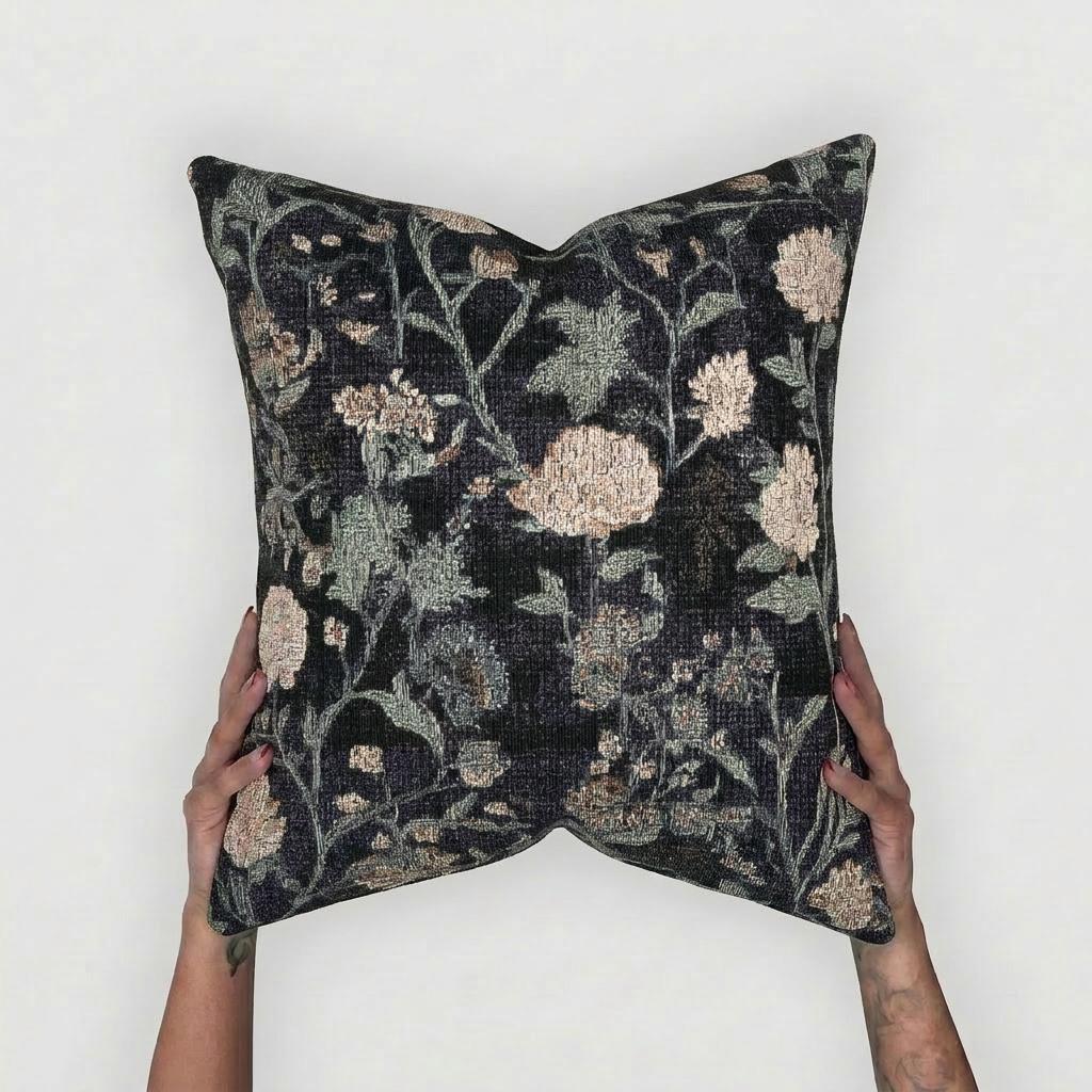 French Baroque Noir Woven Pillow with Insert, 17" x 18"