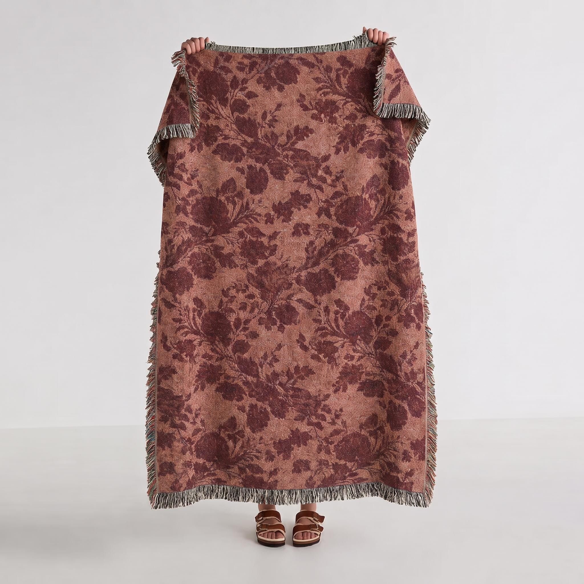 Burgundy Woven Throw Blanket, 100% Cotton Jacquard, Fringed Edges