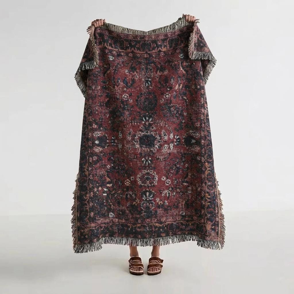 Woven Medallion Blanket, Burgundy Navy Cotton Throw, Fringed Home