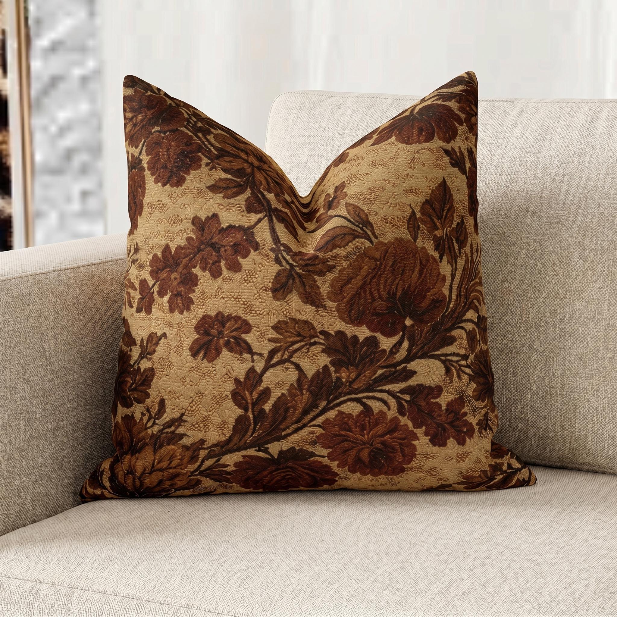 Antique Brown Floral Faux Linen Throw Pillow with Insert - Haven Walls
