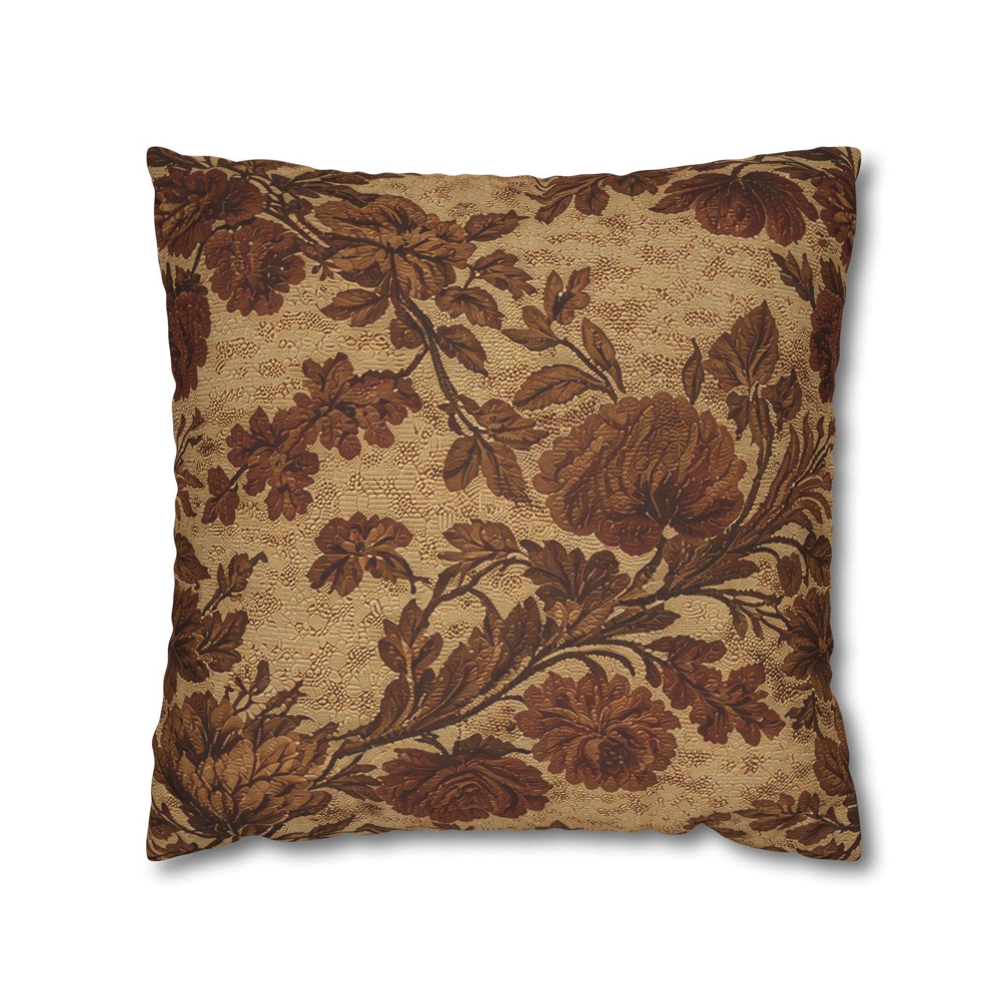 Antique Brown Floral Faux Linen Throw Pillow with Insert - Haven Walls