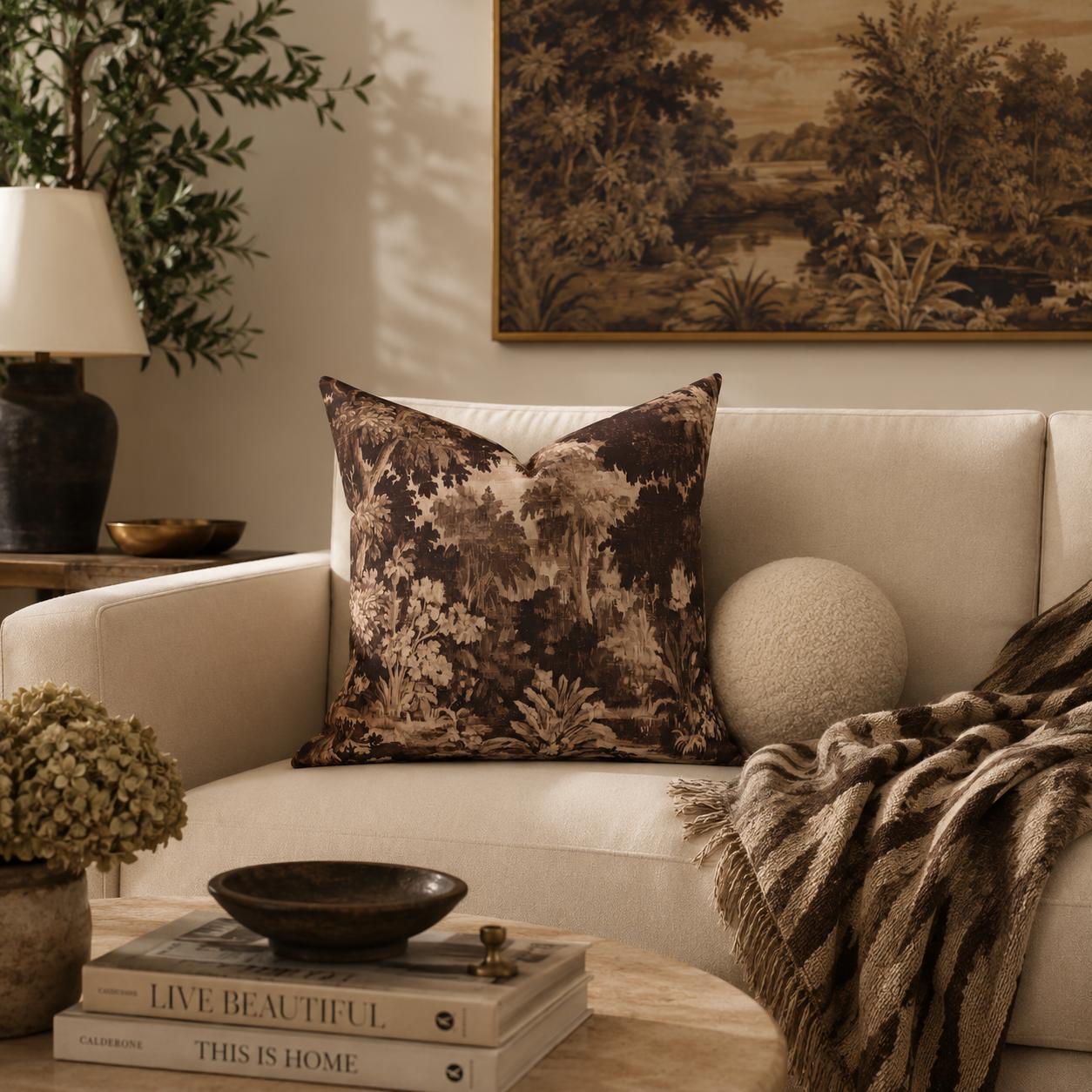 Sepia Forest Toile Faux Linen Throw Pillow with Insert