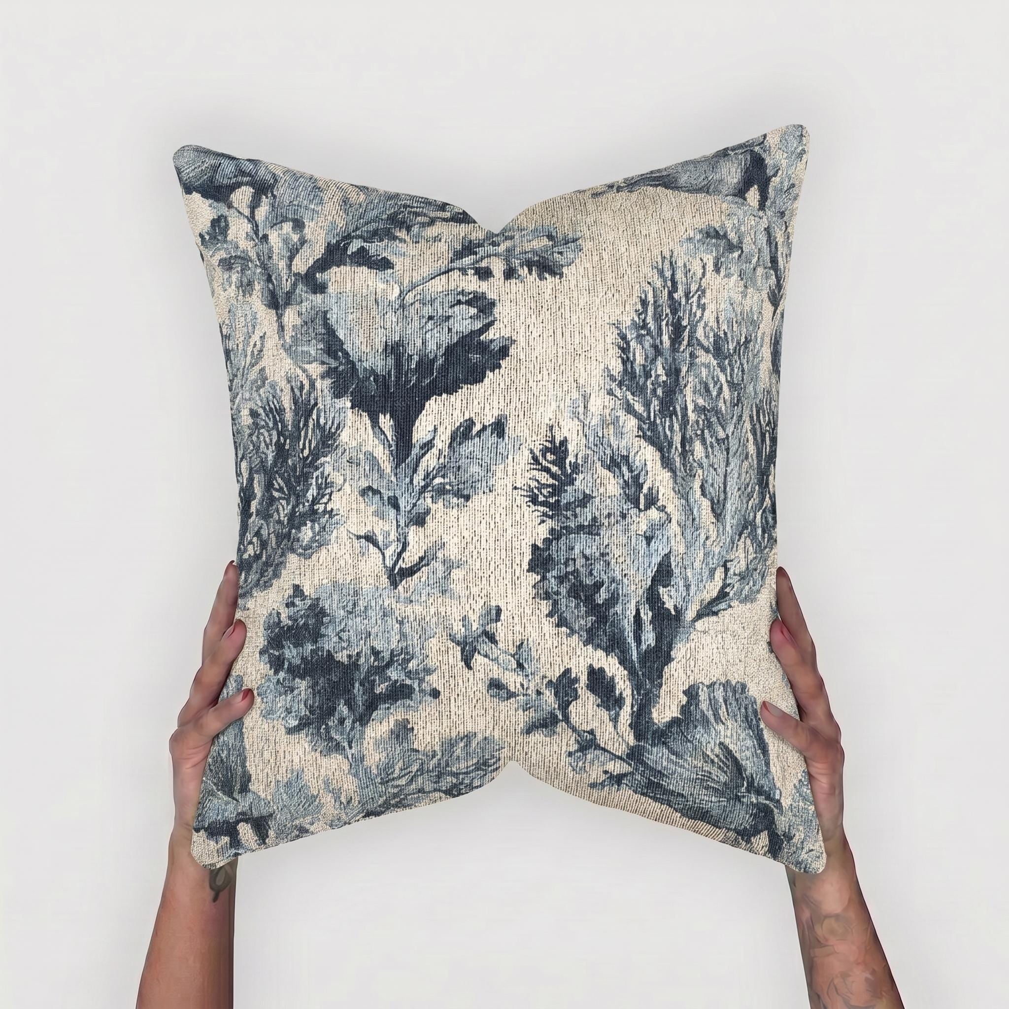Blue Chinoiserie Jacquard Woven Pillow with Insert, 17" x 18"