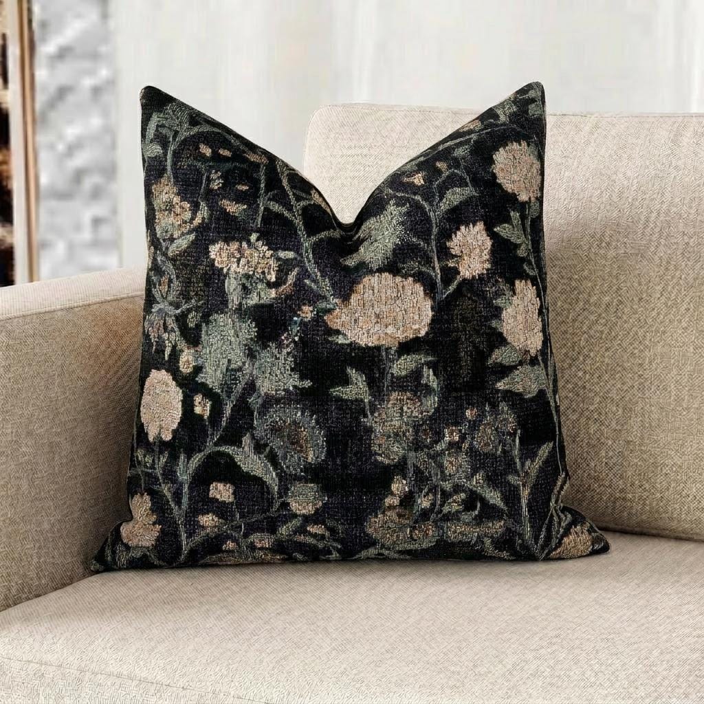Black Floral Woven Pillow with Insert, 17" x 18" - Haven Walls