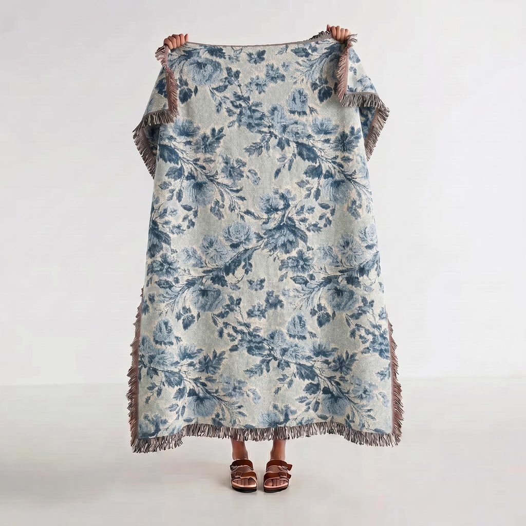 Blue & Cream Chinoiserie Woven Throw Blanket - Haven Walls