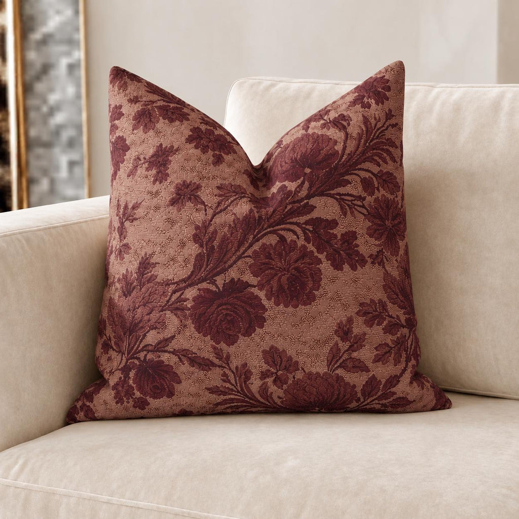 Burgundy Bloom Faux Linen Throw Pillow with Insert - Haven Walls