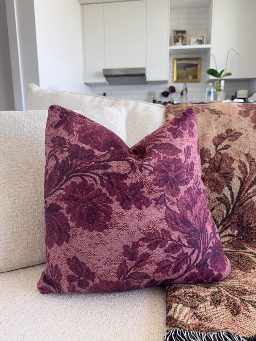 Burgundy Floral Damask Faux Linen Throw Pillow with Insert - Haven Walls