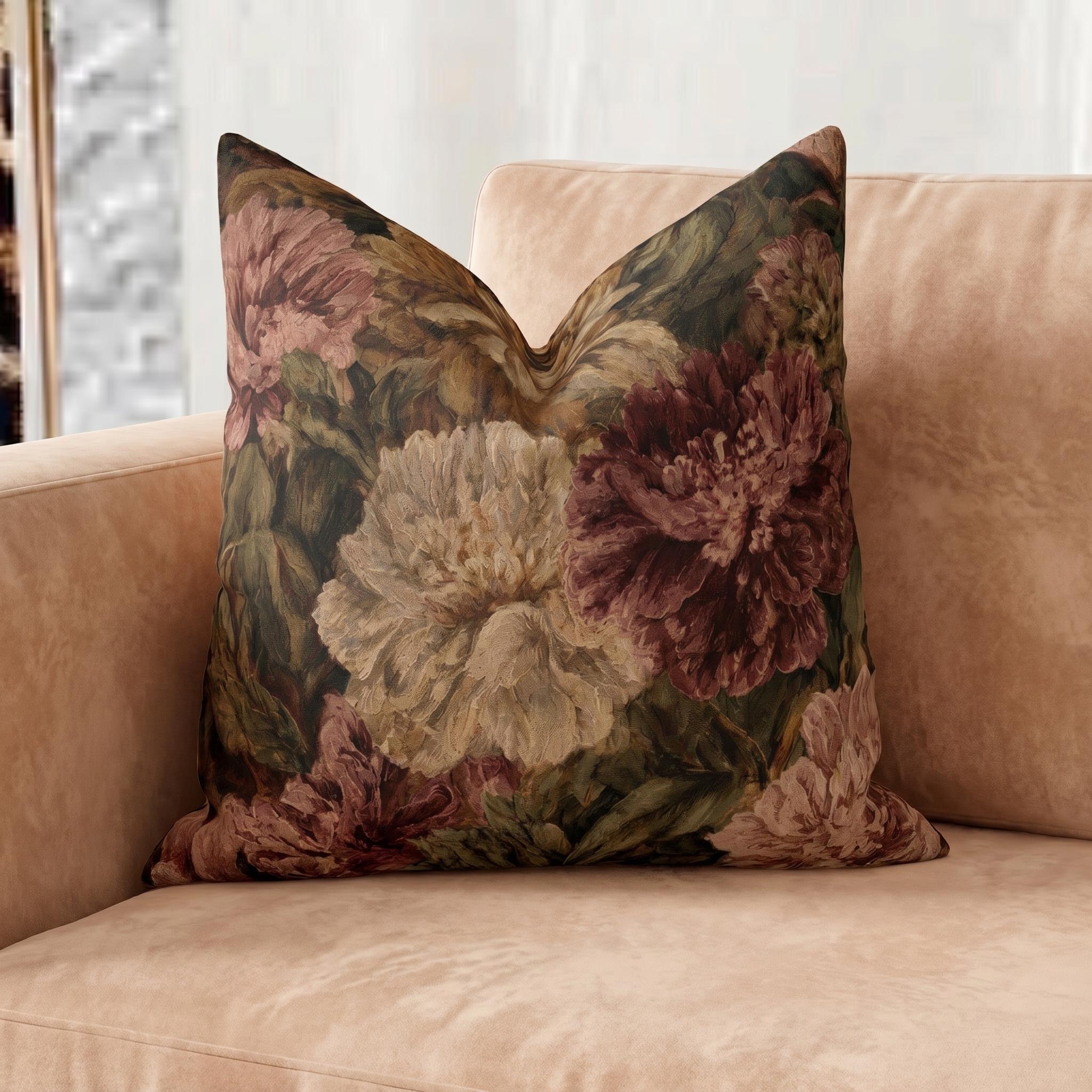 French Baroque Botanical Faux Linen Throw Pillow with Insert