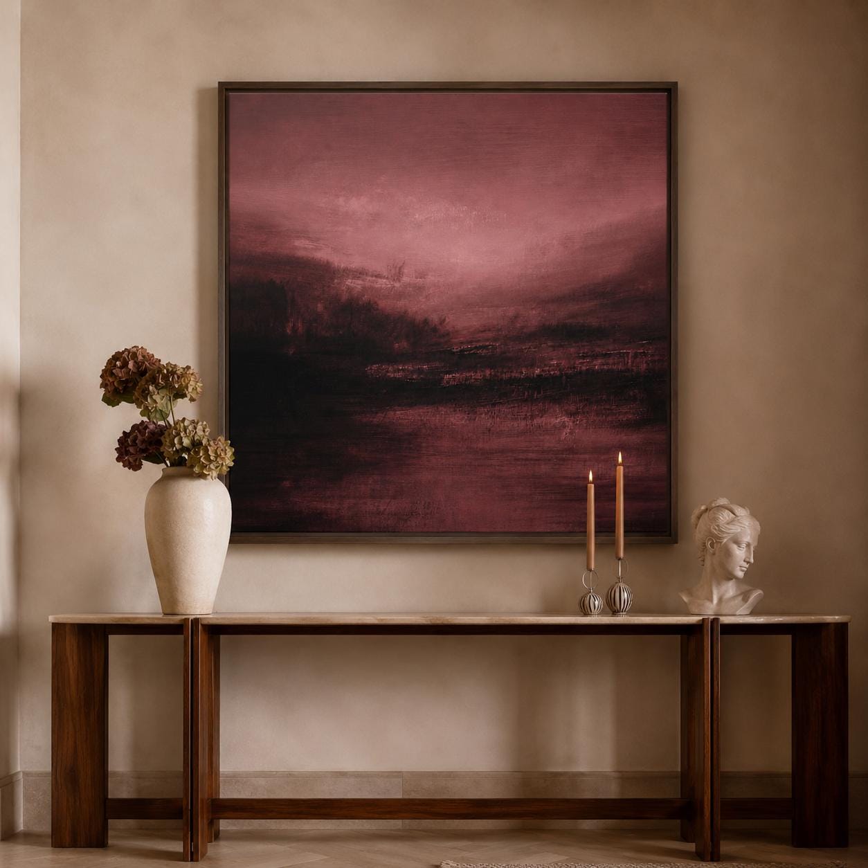 Burgundy Canvas Wall Art – Oversized Abstract Landscape Art | Moody Plum Painting