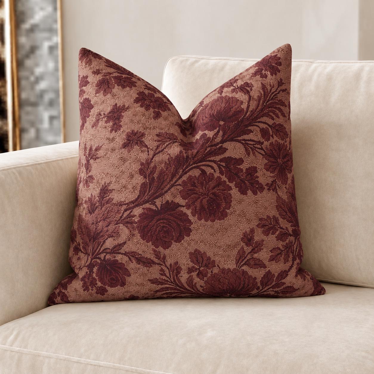 Burgundy Bloom Faux Linen Throw Pillow with Insert