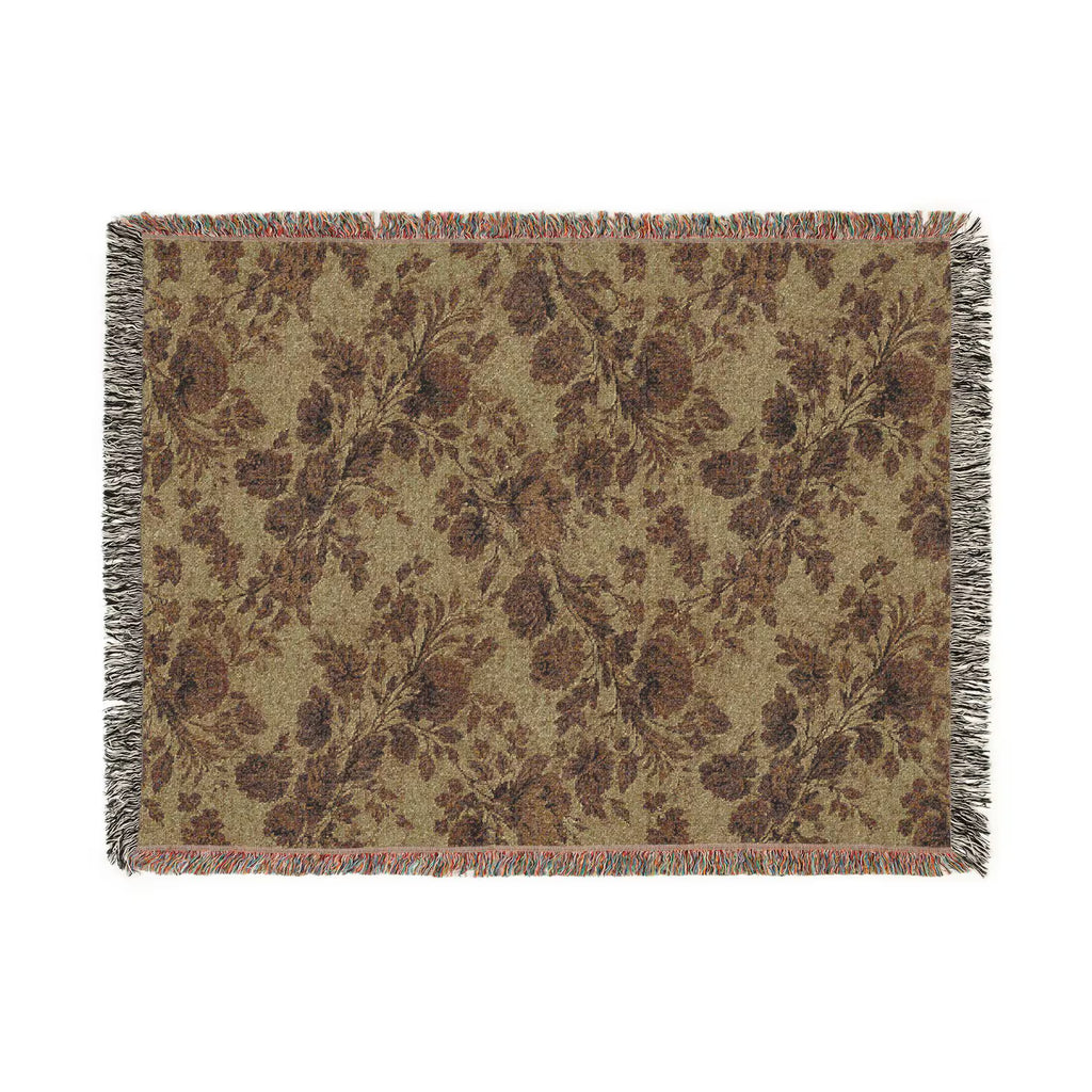 Olive Green Botanical Floral Pattern Woven Blanket | Rustic Fall Throw Blanket