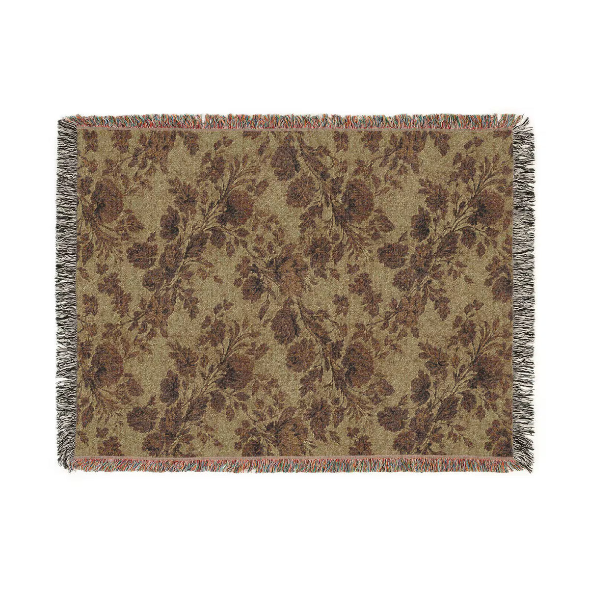 Olive Green Botanical Floral Pattern Woven Blanket | Rustic Fall Throw Blanket