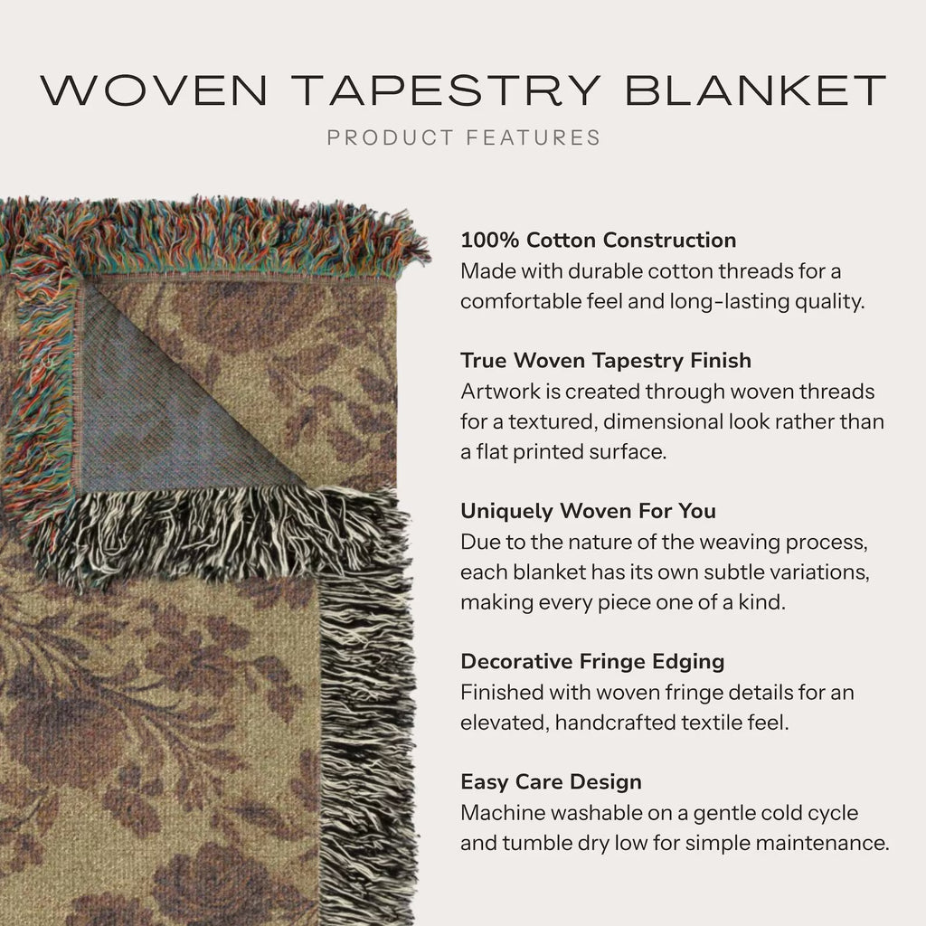 Olive Green Botanical Floral Pattern Woven Blanket | Rustic Fall Throw Blanket