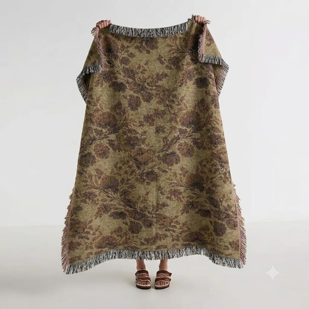 Olive Green Botanical Floral Pattern Woven Blanket | Rustic Fall Throw Blanket