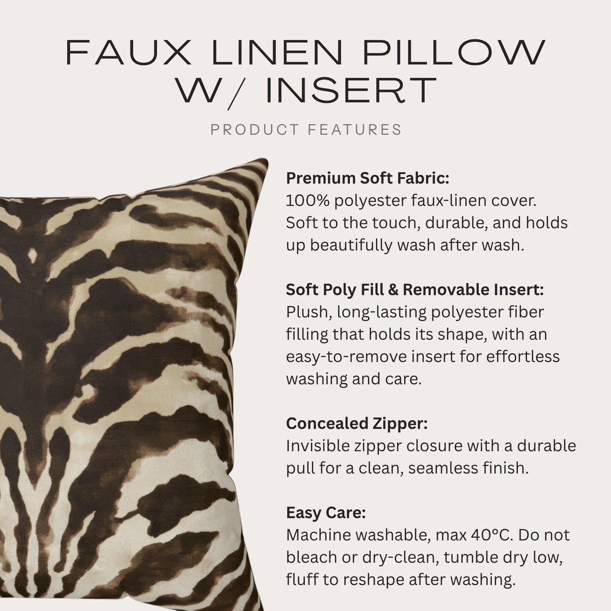 Brown zebra faux linen pillow product features