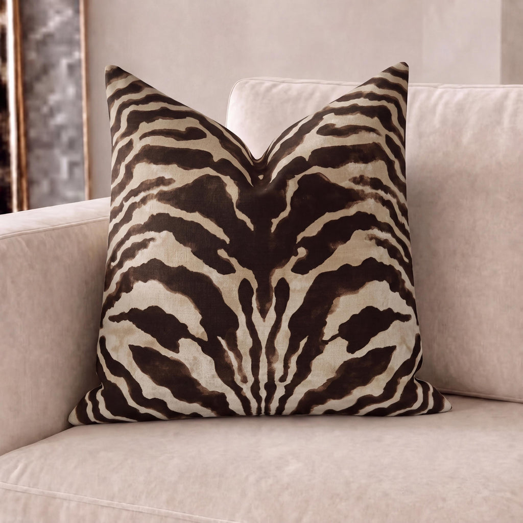 Brown and cream zebra print faux linen throw pillow