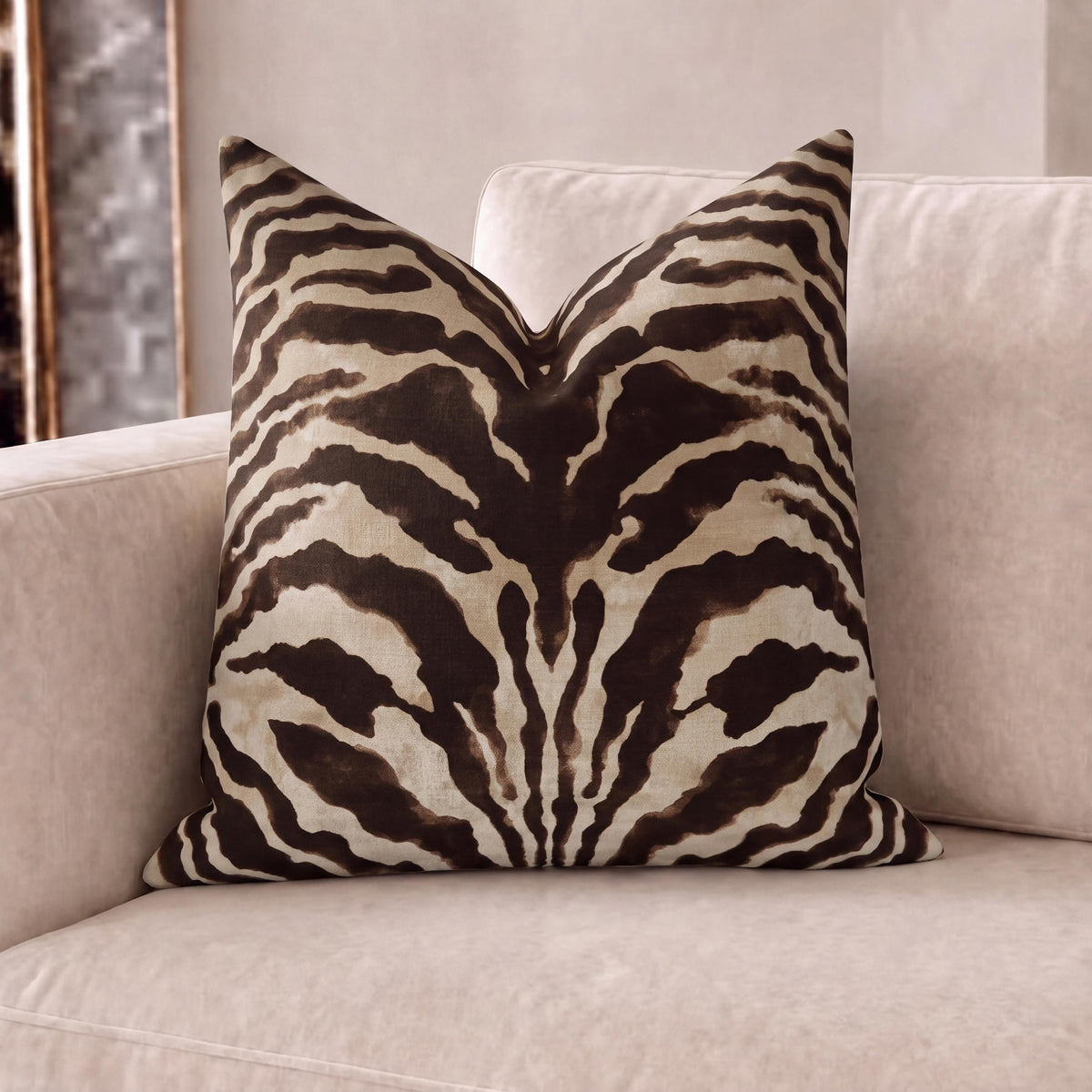Brown and cream zebra print faux linen throw pillow