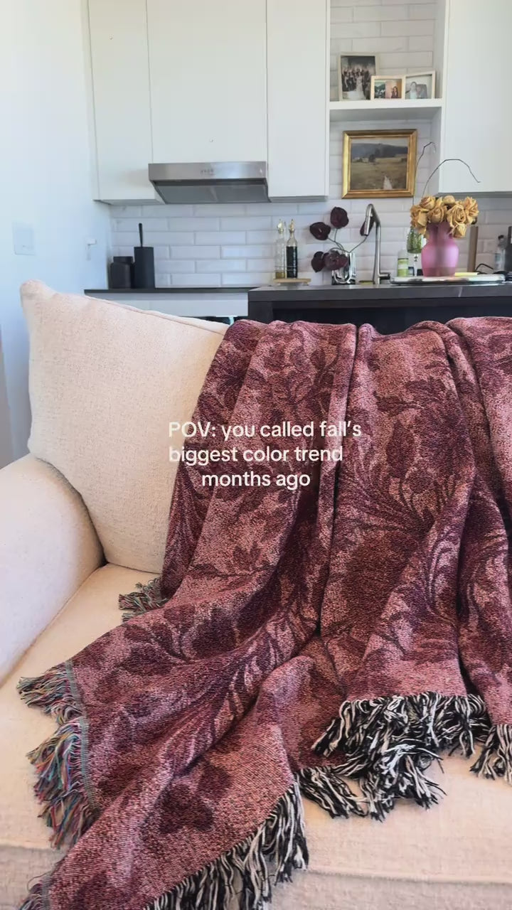 Burgundy Woven Throw Blanket, 100% Cotton Jacquard, Fringed Edges