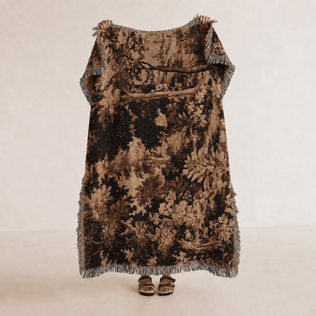 Vintage Floral Tapestry Brown Woven Blanket | Rustic Botanical Tapestry - Haven Walls